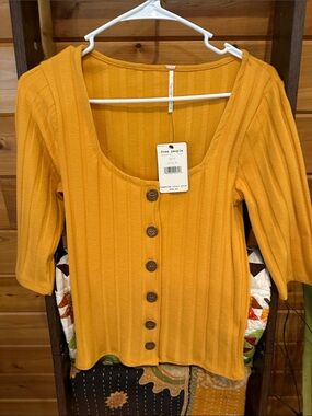 Free People Scoop-Neck Ribbed Button-Front Top in Mustard Yellow